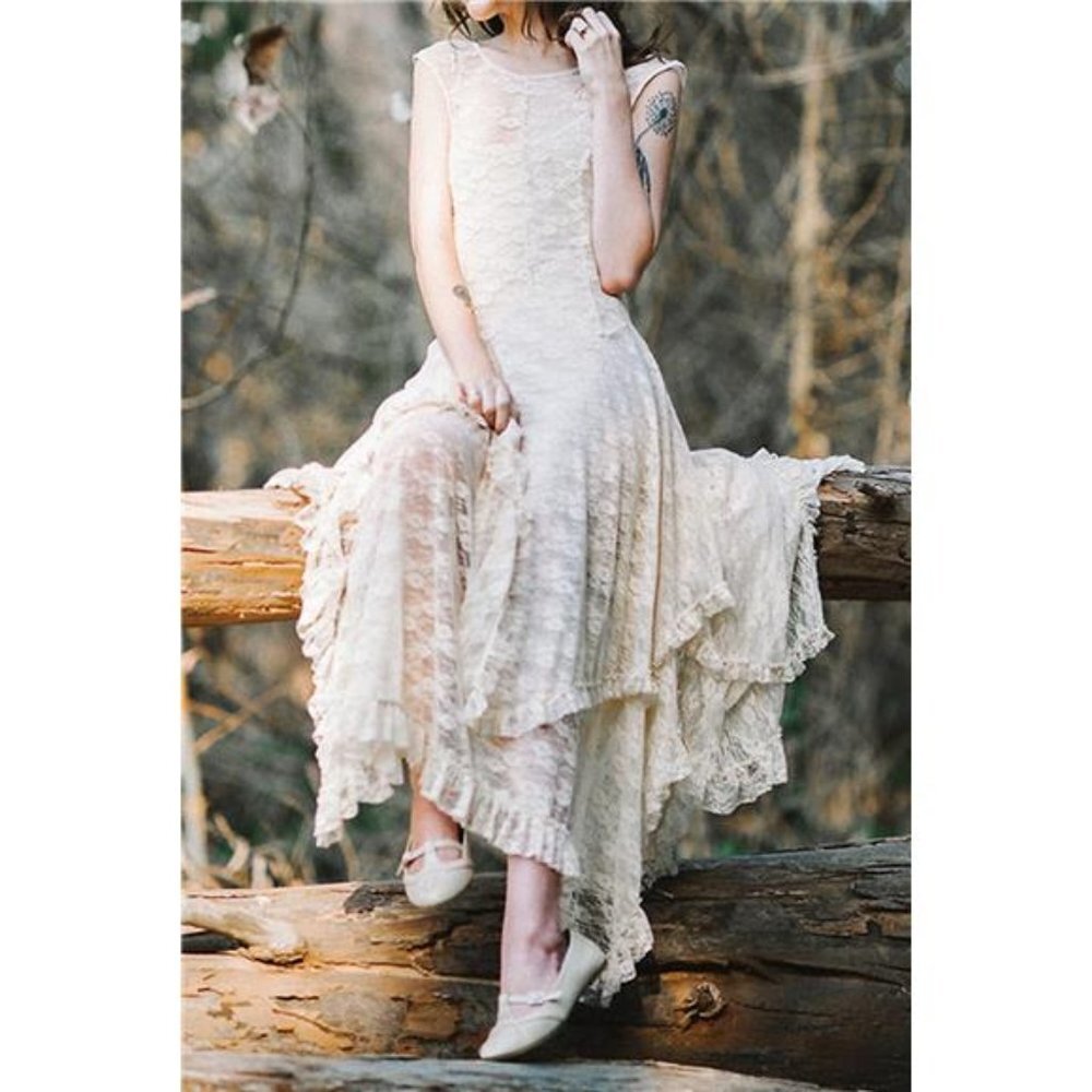 Off White Cream Lace Sleeveless Asymmetrical Layered Lace Tiered Long Midi Dress - Picture 1 of 6